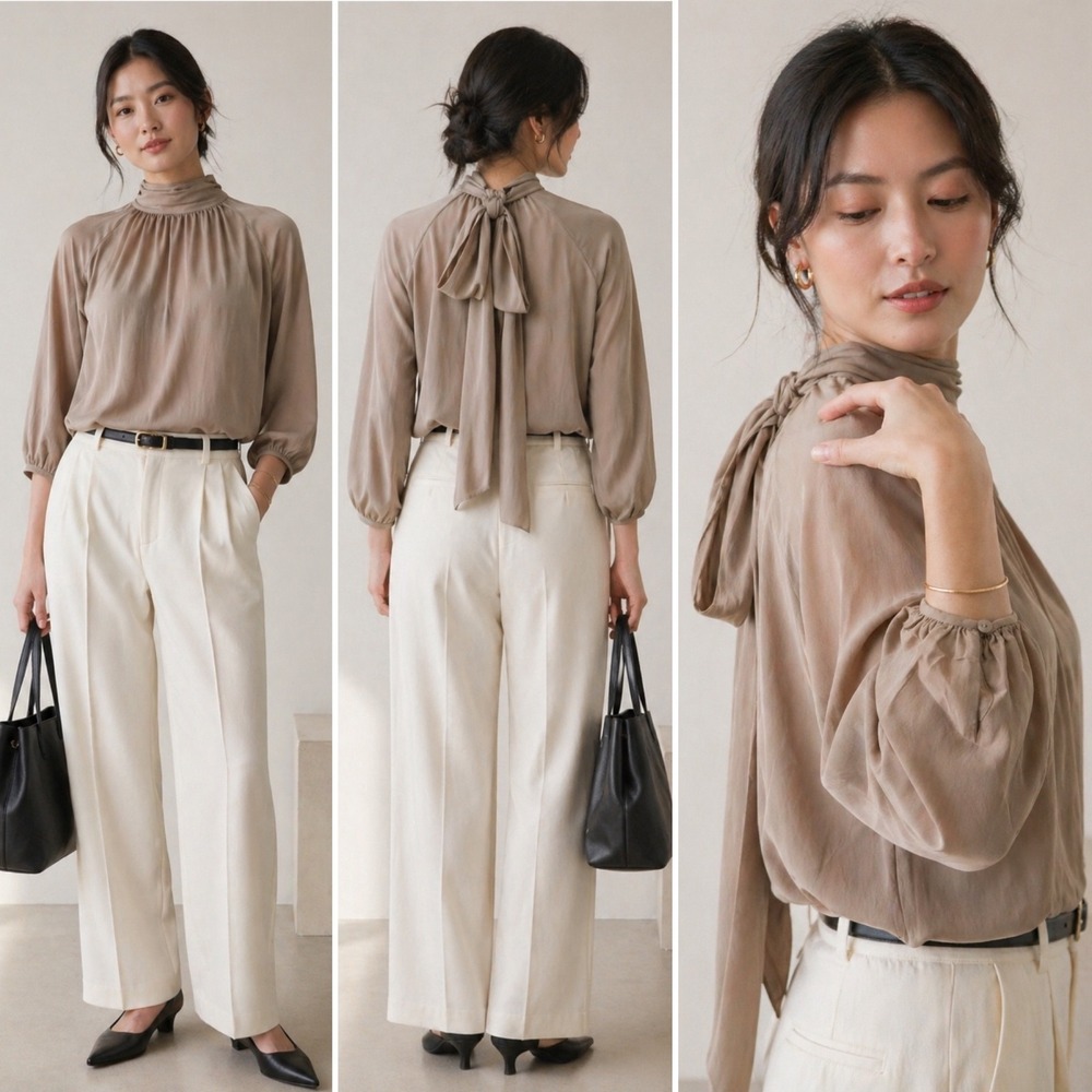 Banana Republic Aurora Silk Top Medium Taupe Tie Neck Georgette Blouse NWT